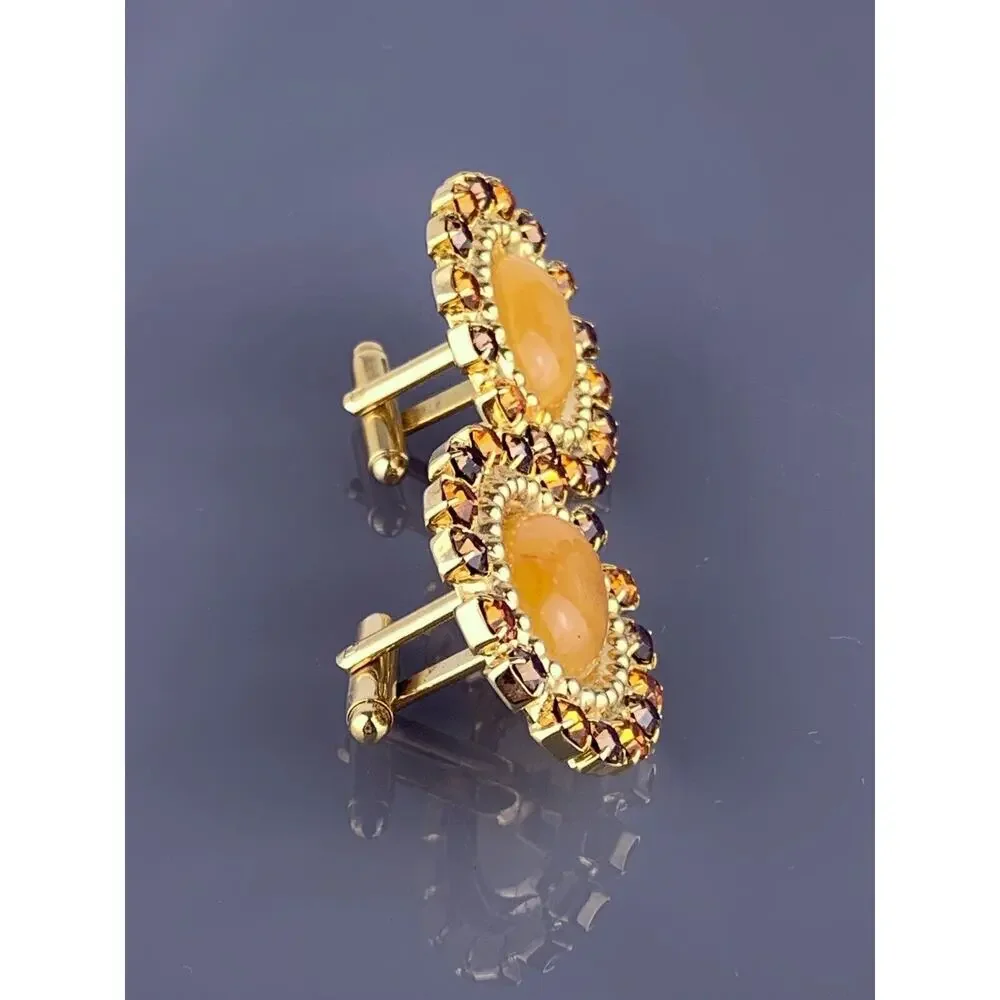 Large Yellow Carnelian Cabochon Cufflinks Gold Tone Rhinestones Orange Brown VTG